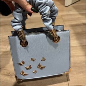NEW Blue Mini Satchel Handbag w/ Gold Butterfly Details & Crossbody Strap